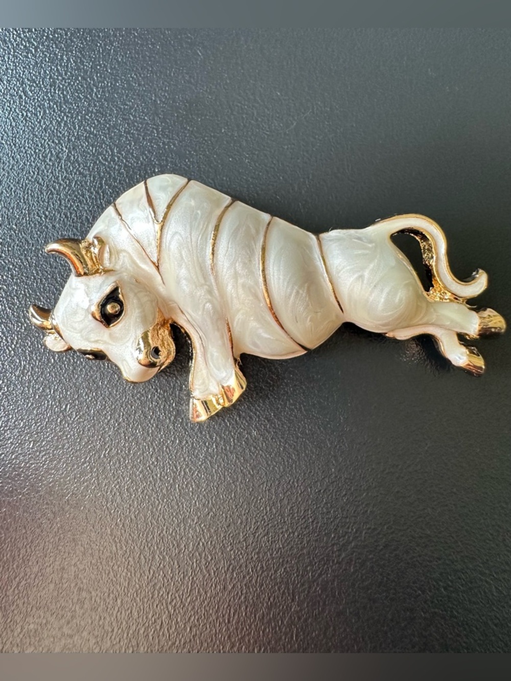 White & Gold Enamel Bull Brooch